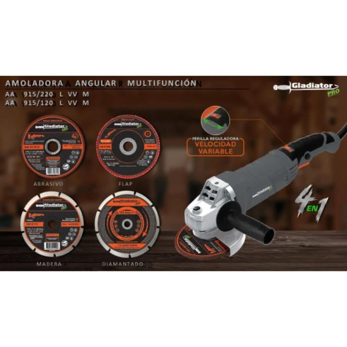 AMOLADORA ANGULAR MULTIFUNCIÓN GLADIATOR 115MM 1200W + 4 DISCOS