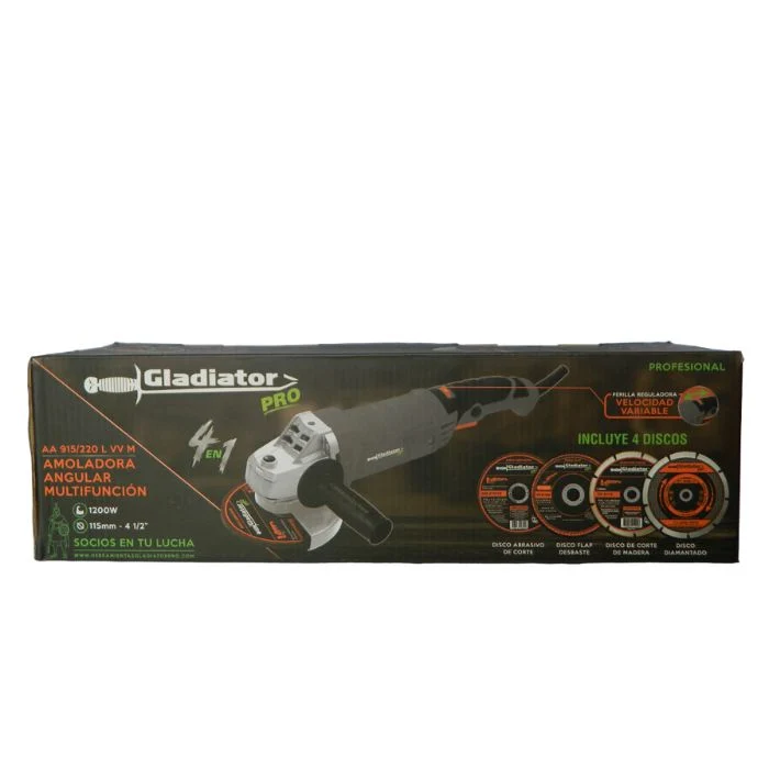 AMOLADORA ANGULAR MULTIFUNCIÓN GLADIATOR 115MM 1200W + 4 DISCOS