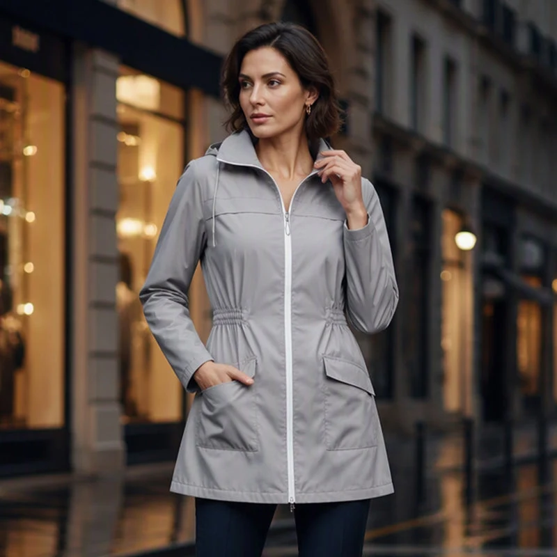 🌧️✨ Ženska vodoodporna vetrovka s kapuco - nastavljiv pas, praktični žepi in elegantna dežna jakna-SI