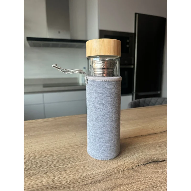 Botella Termo con Filtro Para Té e Infusiones 500ml de Vidrio Doble - con Tapa de Bambú Hermética, Infusor de Acero Inoxidabl