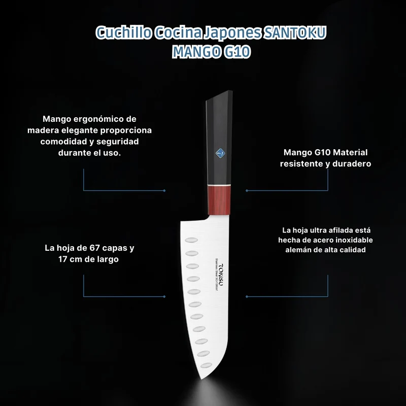 Cuchillo Cocina Profesional TOKYSU - Cuchillos Cocina Japones SANTOKU de Acero Inoxidable de 67 capas 17 cm - Mango G10 DAMASCO