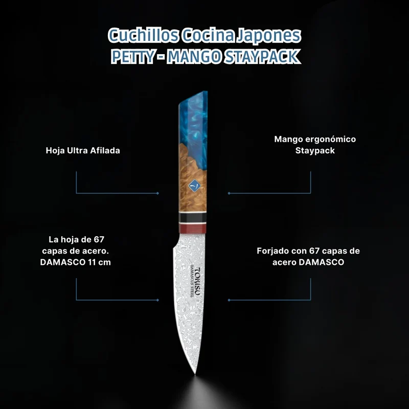 Cuchillo de Cocina Profesional TOKYSU PETTY - Precisión Japonesa, Acero DAMASCO de 67 Capas, 11 cm - Mango Ergonómico Staypack