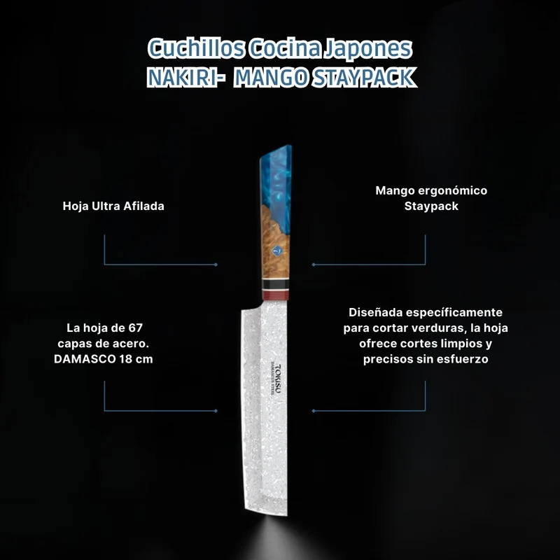 Cuchillo de Cocina Profesional TOKYSU NAKIRI - Artesanía Japonesa de Precisión, Acero DAMASCO de 67 Capas, 18 cm - Mango Ergon