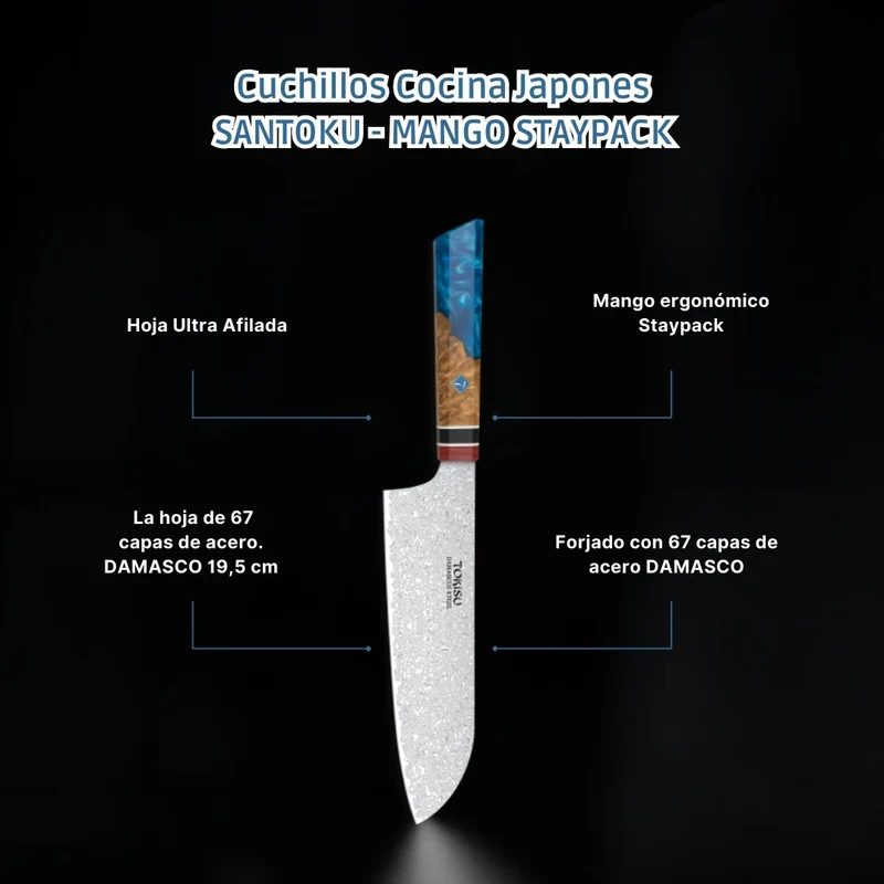 Cuchillo Cocina Profesional TOKYSU - Cuchillos Cocina Japones SANTOKU de Acero DAMASCO 67 capas 19,5