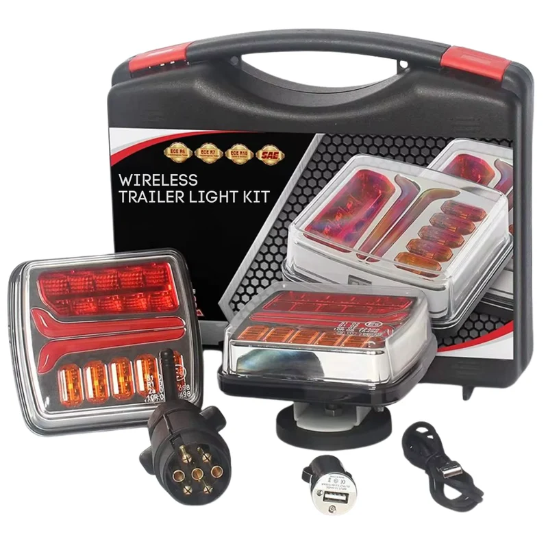 Kit de luces inalámbricas para remolque de 12 V con soporte magnético y conector de 7 polos.