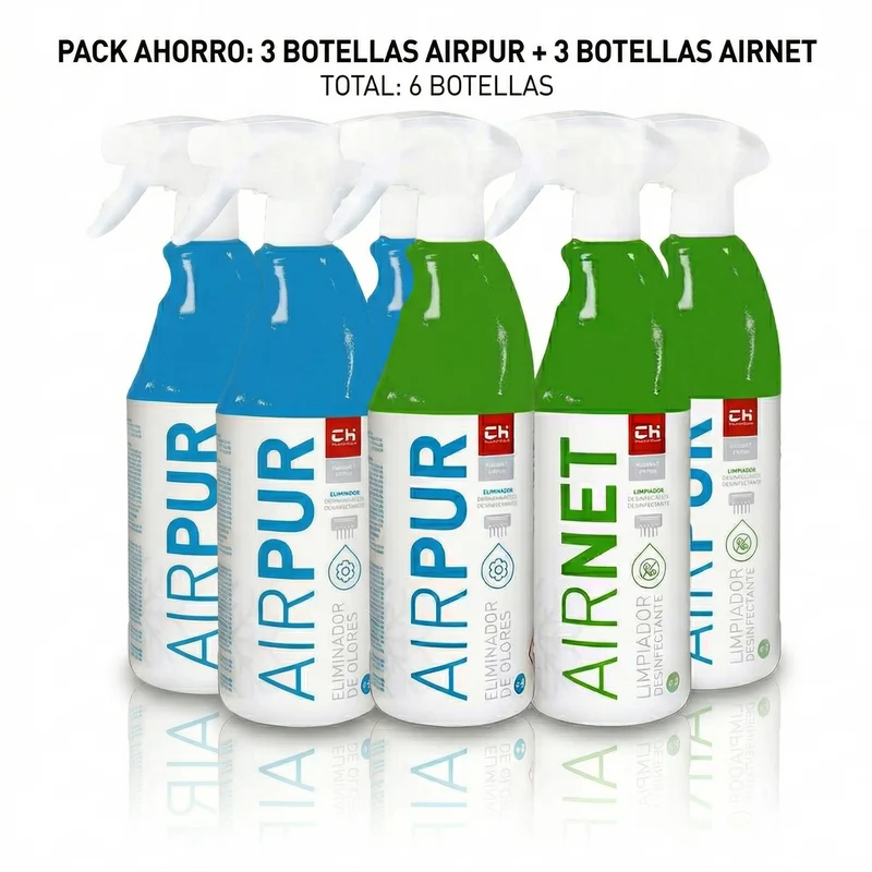 Pack 3x Kit Limpieza Aire Acondicionado AIRNET + AIRPUR | Limpiador Desinfectante y Eliminador de Olores | Tratamiento Completo