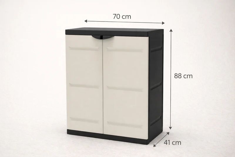 Armario de plástico multiuso, 2 puertas, Beige y negro, 70x41x88 cm, 2 baldas regulables en altura
