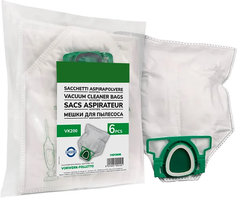 Pack de 6 Bolsas de Microfibra Compatibles con Aspiradoras Folletto VK200 y VK220 | Filtración Eficaz, Alta Resistencia y Susti
