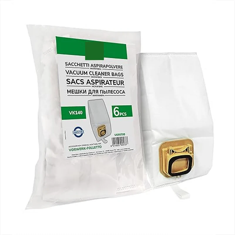 Pack de 6 Bolsas de Microfibra Compatibles con Aspiradoras Folletto VK140 | Filtración Eficaz, Alta Resistencia y Fácil Sustit