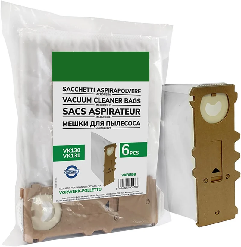 Pack de 6 Bolsas de Microfibra Compatibles con Aspiradoras Folletto VK130 y VK131 | Filtración Eficaz, Alta Resistencia y Fáci