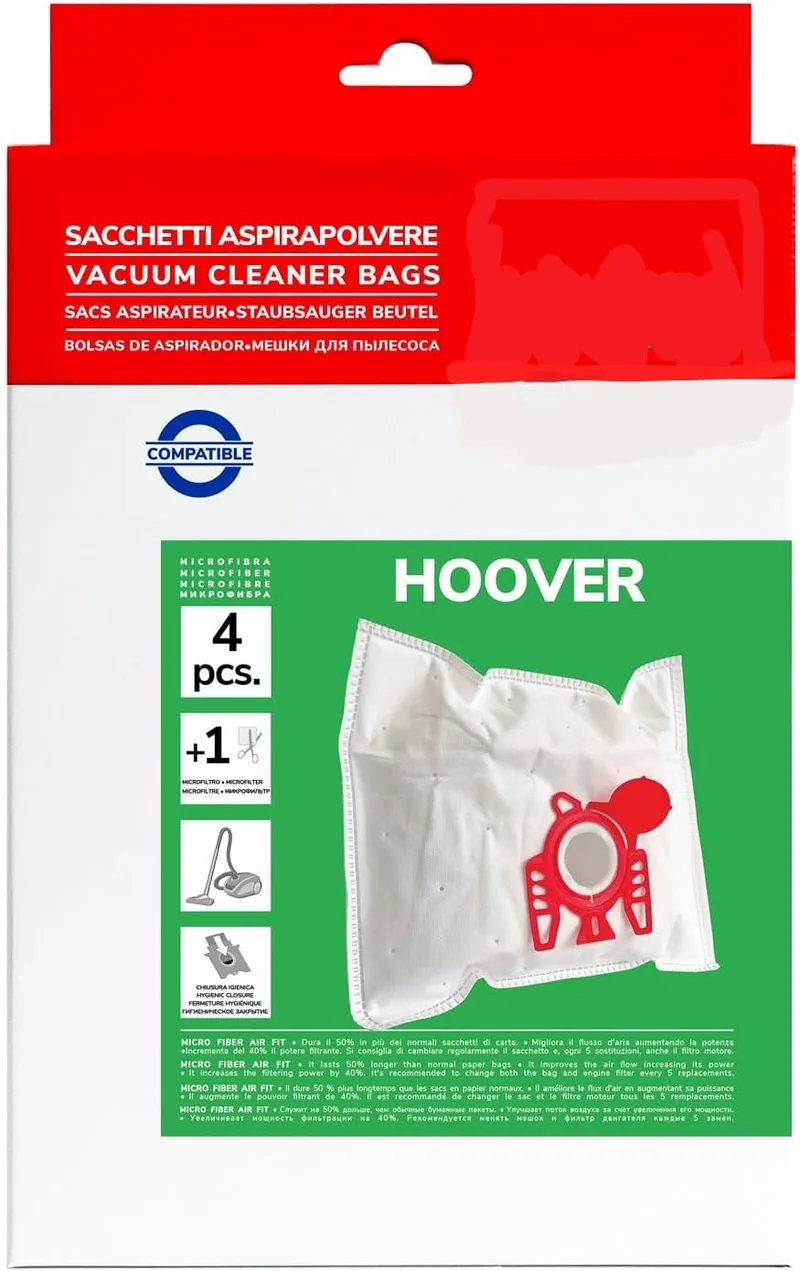 Pack de 4 Bolsas de Microfibra Compatibles con Aspiradoras Hoover H30s, H30+, H52, H60, H61, Telios, Sensory, Microspace | +40%