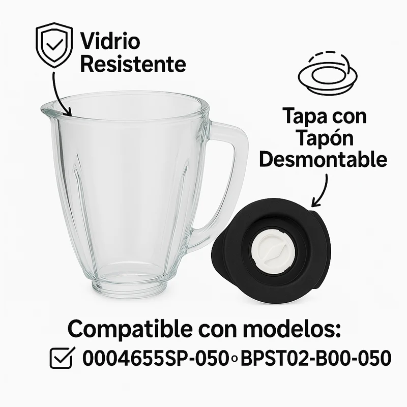 Recamania - Kit de Repuesto para Batidora Oster  Jarra de Vidrio Redonda + Tapa con Tapón  Modelos 0004655ESP-050 y BPST0