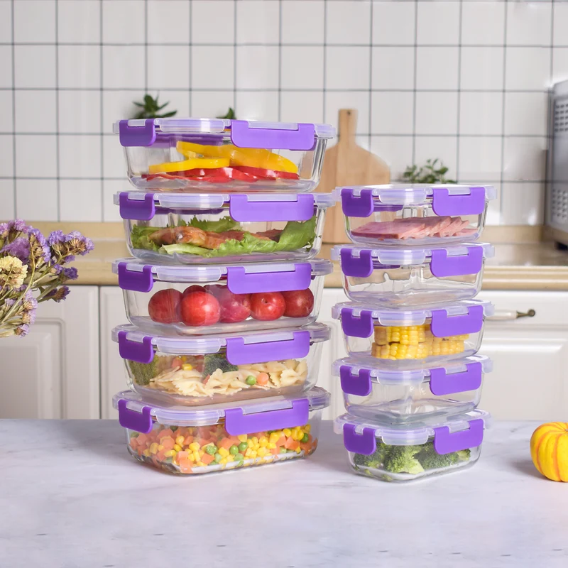 Recipientes de Cristal Para Alimentos - 20 Piezas (10 recipientes y 10 tapas) - Apto para lavavajillas, Microondas y congelador