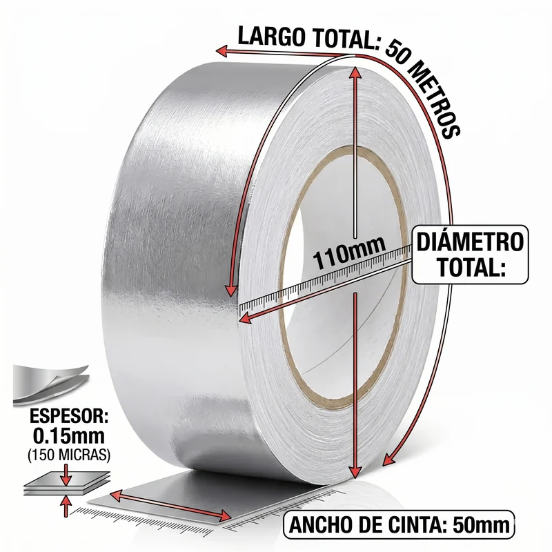 Cinta adhesiva de aluminio 50mm x 50m alta temperatura para reparación de conductos y aire acondicionado  1 rollo