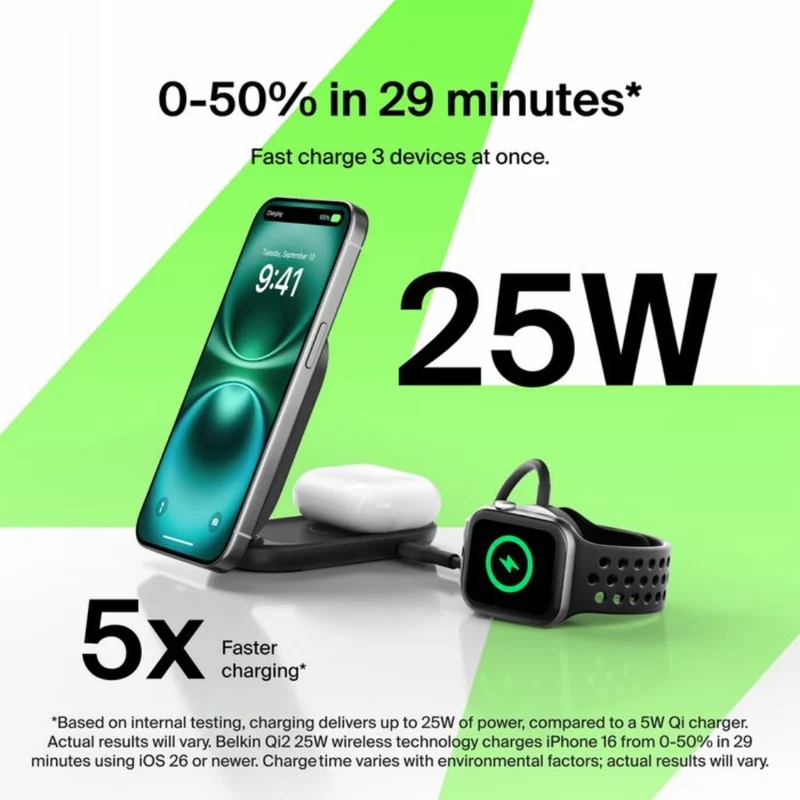 Belkin Cargador Inalámbrico Magnético 2 en 1 con Qi2 25W, WIZ039ttBK