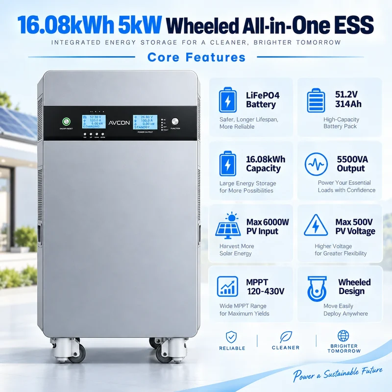 Sistema de almacenamiento de energía autónomo todo en uno con ruedas de 16.08 kWh y 5 kW