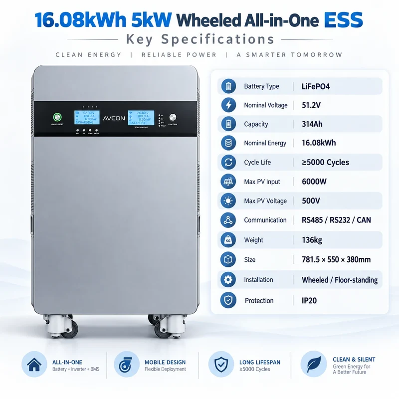 Sistema de almacenamiento de energía autónomo todo en uno con ruedas de 16.08 kWh y 5 kW