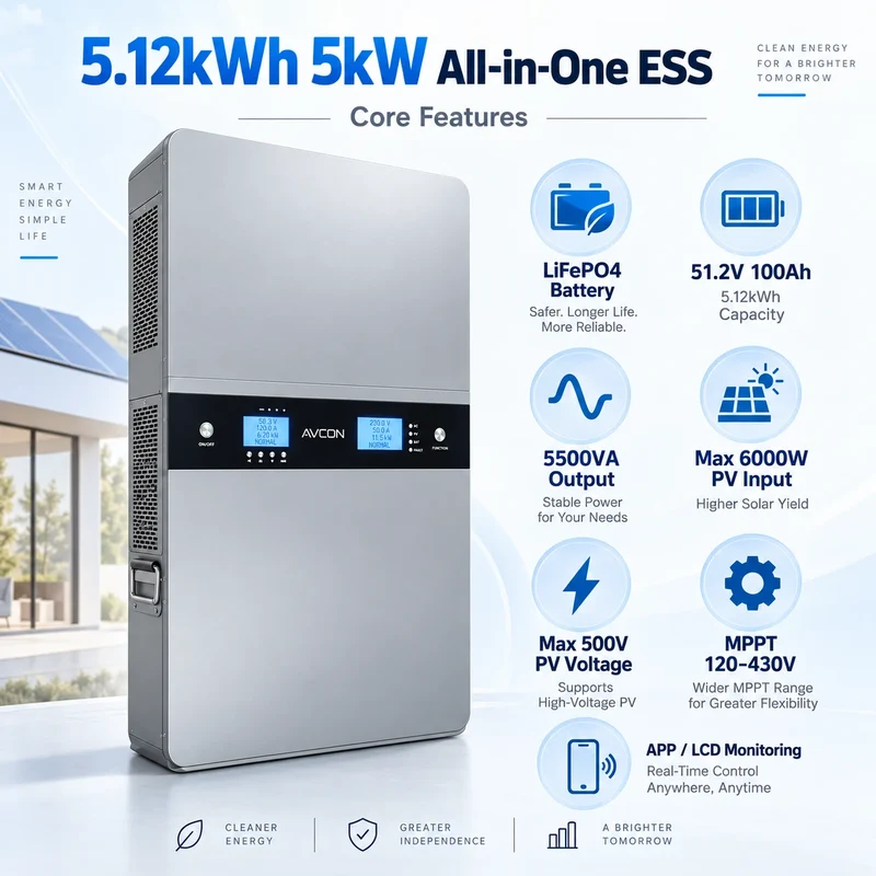 Sistema de almacenamiento de energía autónomo todo en uno de 5.12 kWh y 5 kW