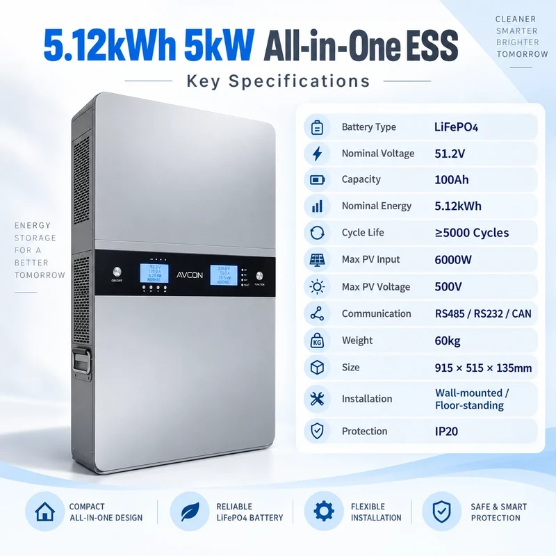 Sistema de almacenamiento de energía autónomo todo en uno de 5.12 kWh y 5 kW