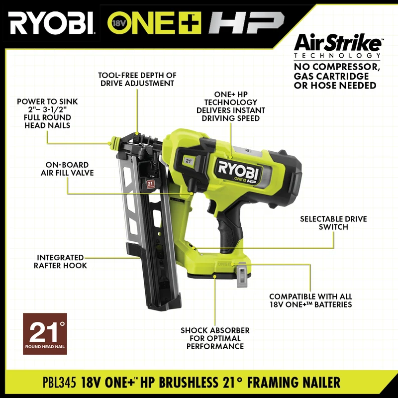 18V ONE+ HP Brushless AirStrike 21° Framing Nailer Kit