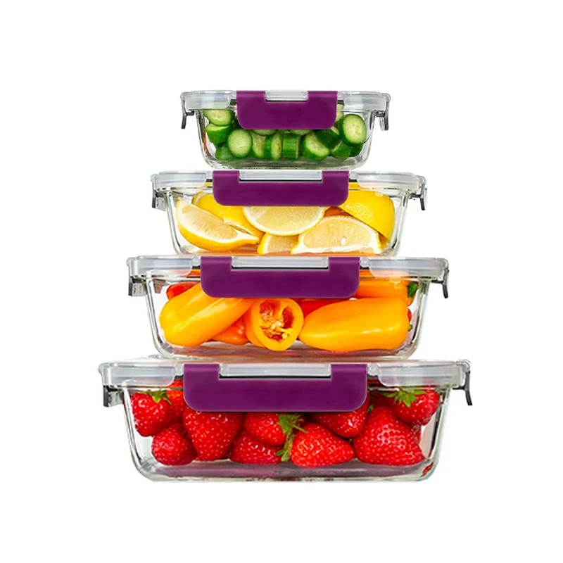 Recipientes de Cristal para Alimentos - 8 Piezas (4 recipientes y 4 tapas) - Apto para lavavajillas, Microondas y congelador - a