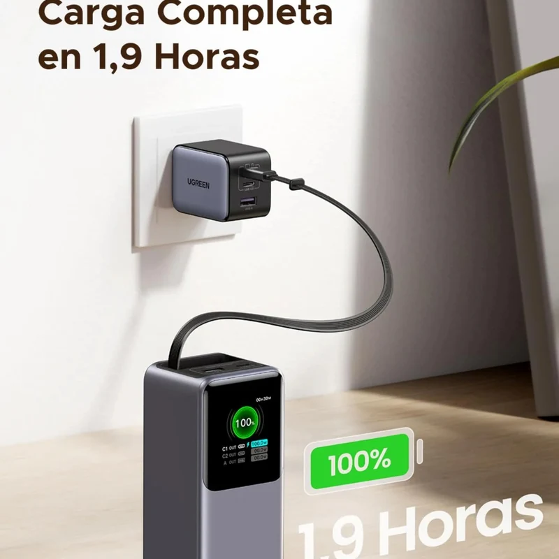 Ugreen Power Bank Batería Externa Carga Rápida USB C/USB A Retráctil 20,000 mAh 165W, 55987B