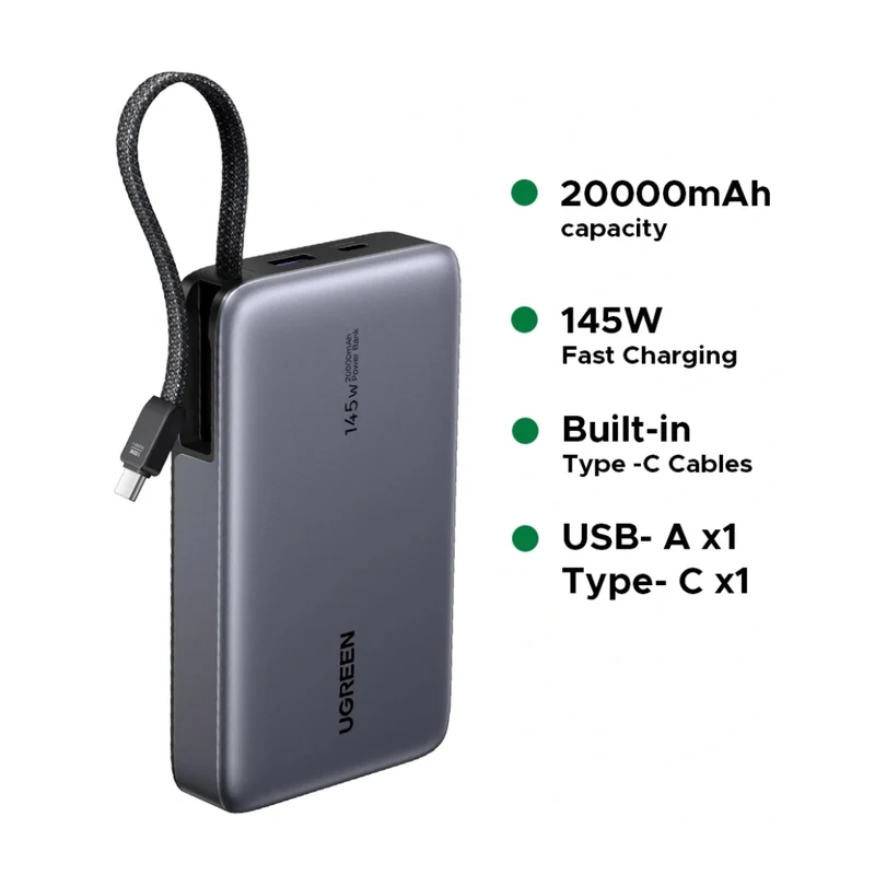 Ugreen Power Bank Batería Externa Carga Rápida USB C/USB A 20,000 mAh 145W, 55992B