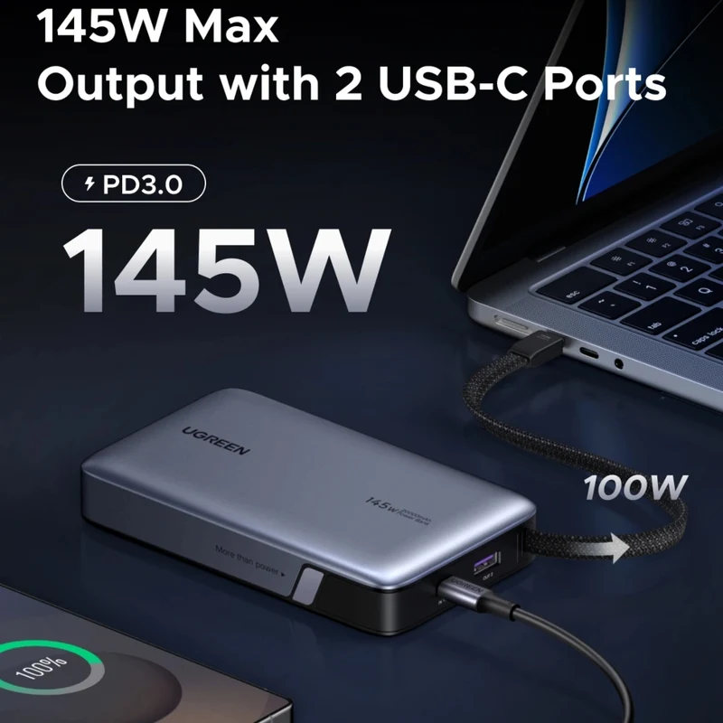 Ugreen Power Bank Batería Externa Carga Rápida USB C/USB A 20,000 mAh 145W, 55992B