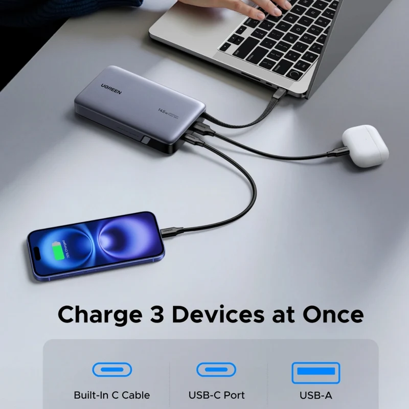 Ugreen Power Bank Batería Externa Carga Rápida USB C/USB A 20,000 mAh 145W, 55992B