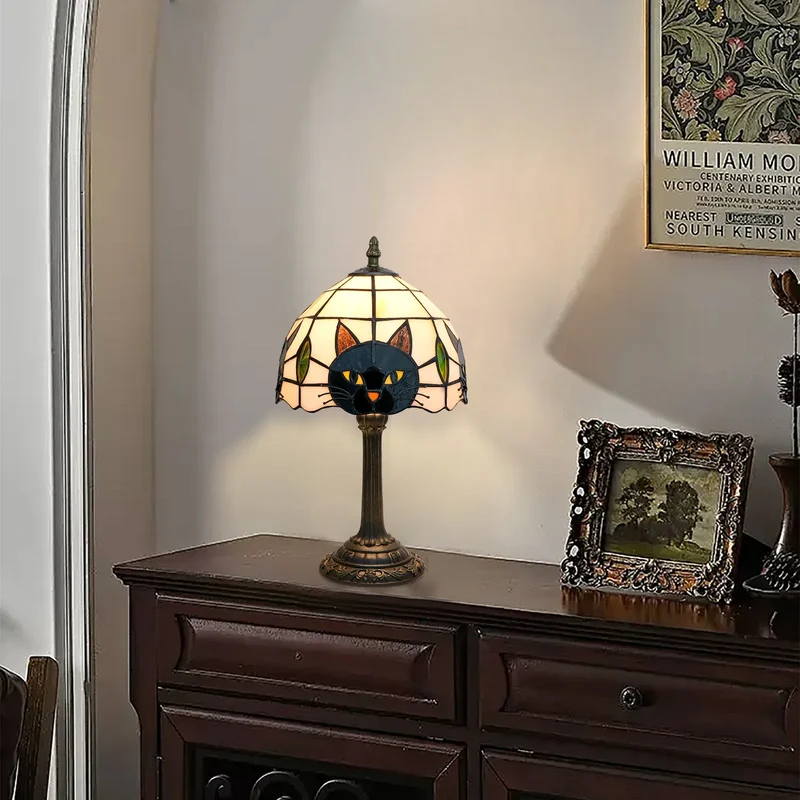 Midnight Cat Stained Glass Table Lamp