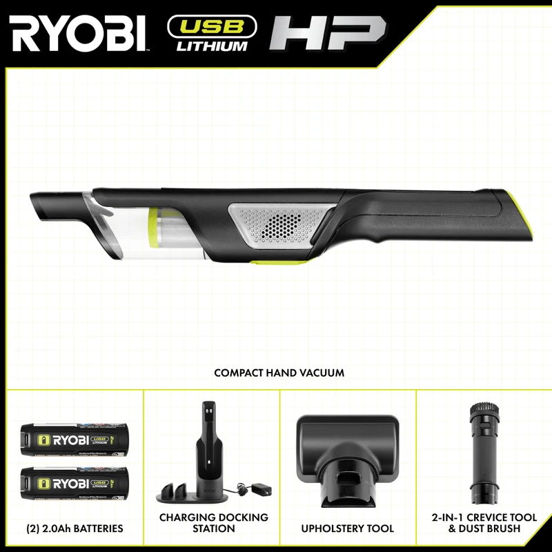 USB Lithium HP Compact Hand Vacuum Cleaner Kit with (2) USB Lithium 2.0 Ah Batteries and Charger