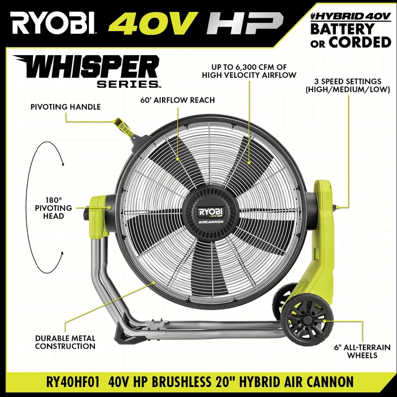 40V HP Brushless Hybrid WHISPER SERIES 20" Air Cannon Fan