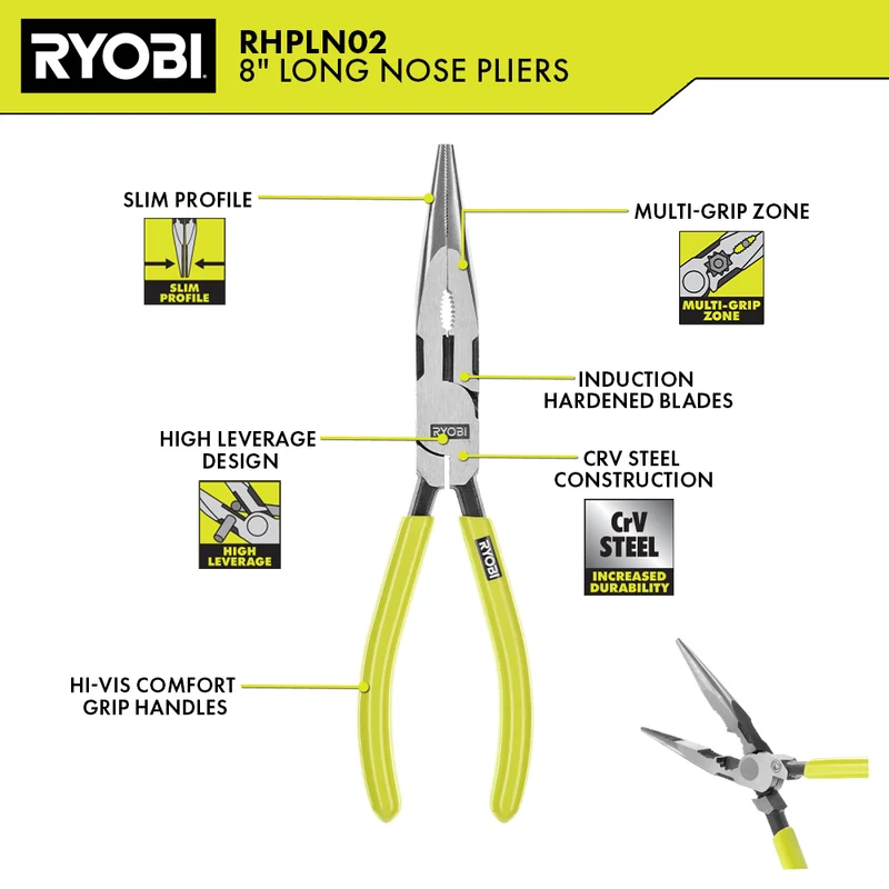 8" High Leverage Long Nose Plier