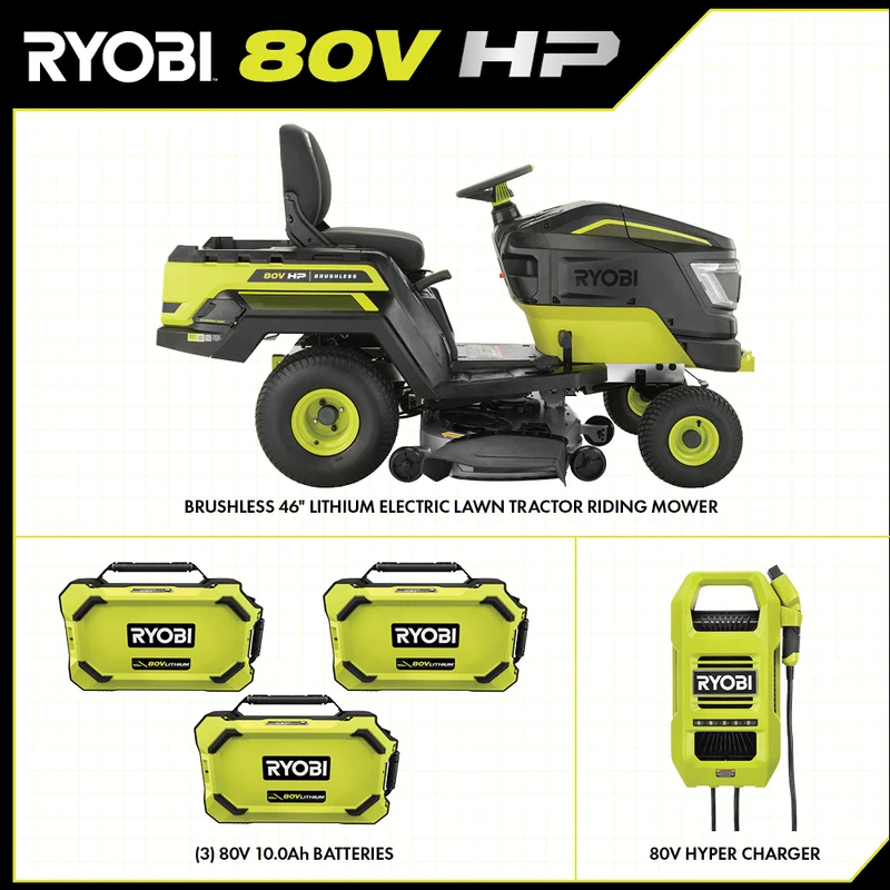 80V HP Brushless 46" Battery Cordless Electric Riding Lawn Tractor Kit
