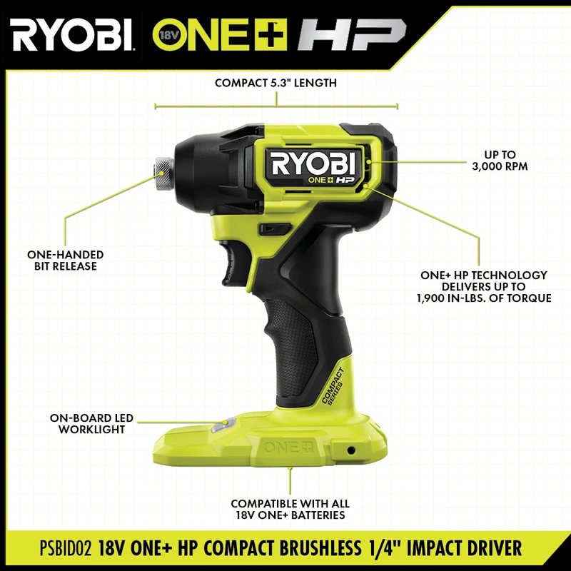 18V ONE+ HP Compact Brushless 1/4" Hex Impact Driver