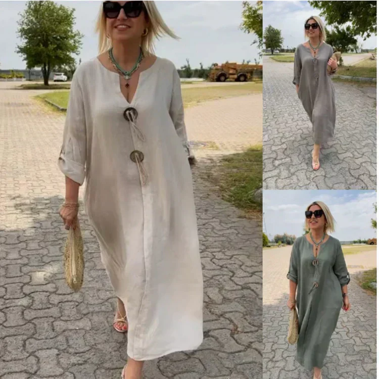🎁👗Φόρεμα με V λαιμόκοψη από βαμβάκι και λινό-GR