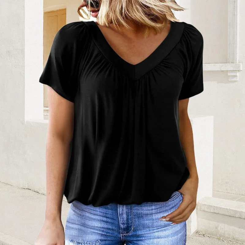 💖Γυναικείο casual πλισέ τοπ με κοντό μανίκι και λαιμόκοψη σε σχήμα V-GR