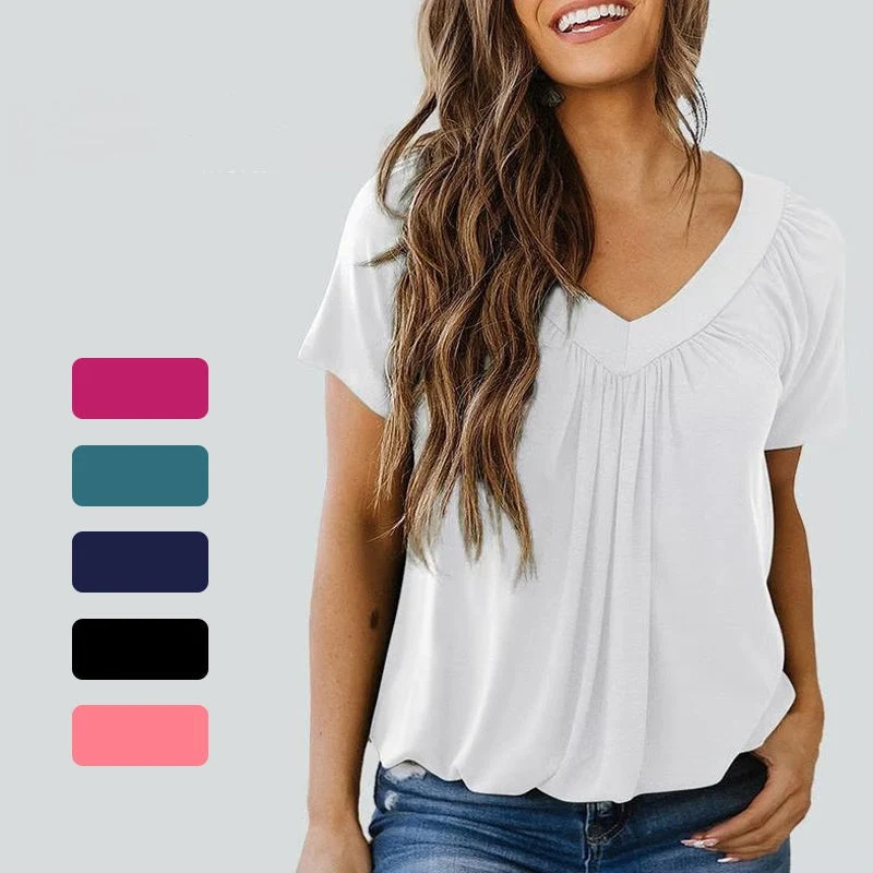 💖Γυναικείο casual πλισέ τοπ με κοντό μανίκι και λαιμόκοψη σε σχήμα V-GR