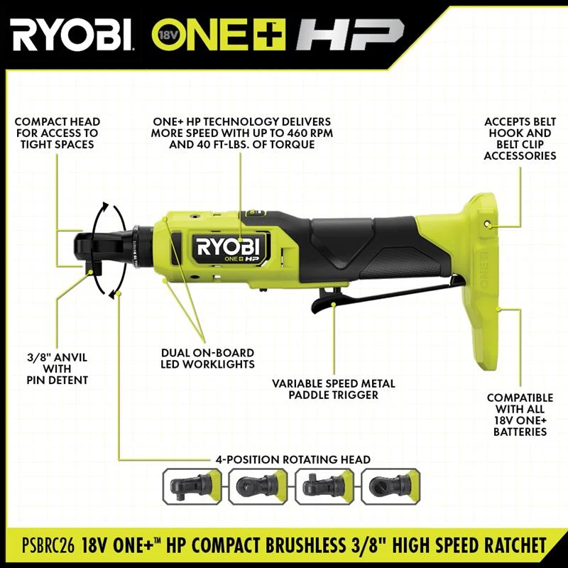 18V ONE+ HP Compact Brushless 3/8" High Speed Ratchet KIT