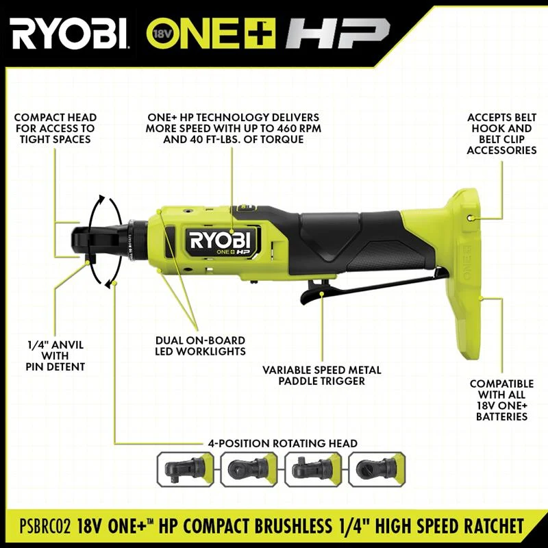 18V ONE+ HP Compact Brushless 1/4" High Speed Ratchet