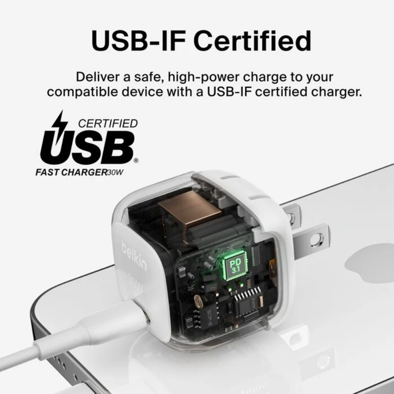 Belkin Cargador de Pared con Cable USB-C 30 W, WCA008DQ1MWH-B6