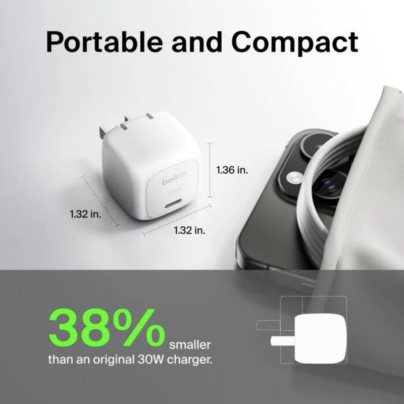 Belkin Cargador de Pared con Cable USB-C 30 W, WCA008DQ1MWH-B6