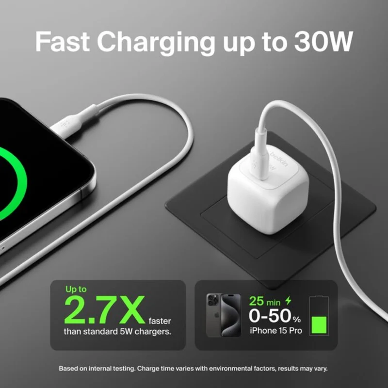 Belkin Cargador de Pared con Cable USB-C 30 W, WCA008DQ1MWH-B6