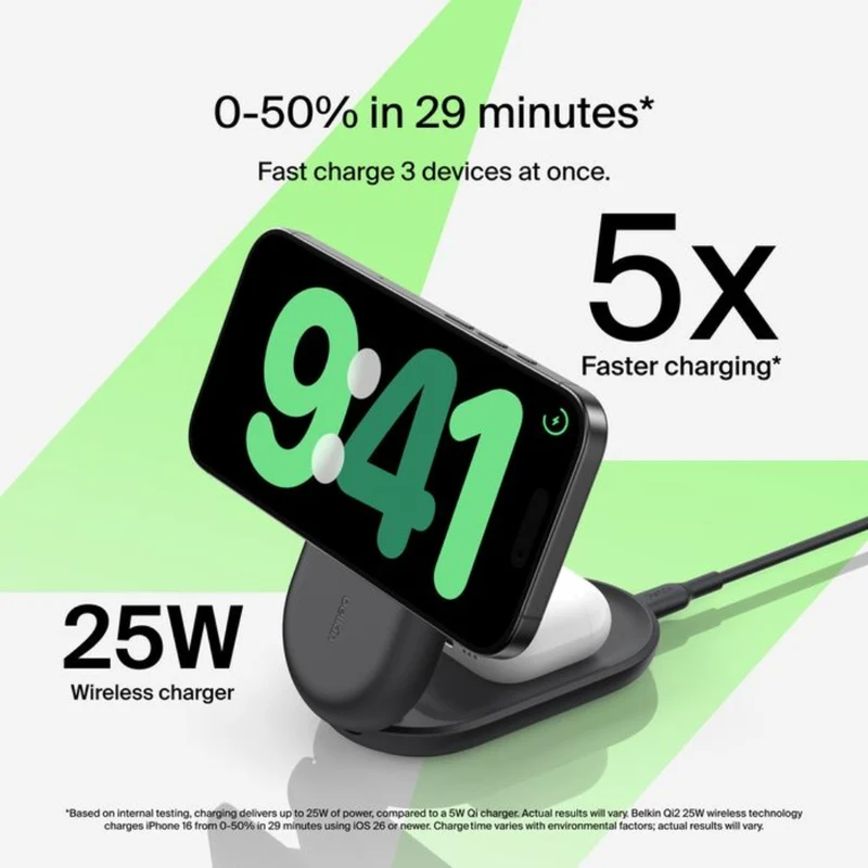 Belkin Cargador Inalámbrico Magnético 3 en 1 con Qi2 25W, WIZ037ttBK