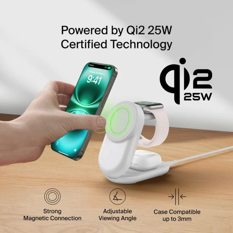 Belkin Cargador Inalámbrico Magnético 3 en 1 con Qi2 25W, WIZ037ttBK