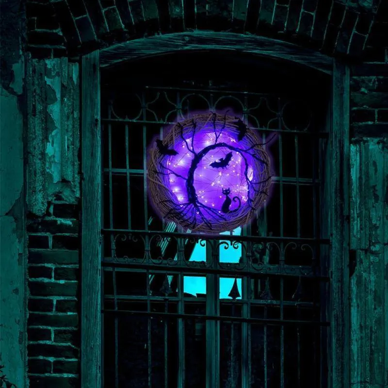 Black Bat Cat Halloween Door Wreath Led Light
