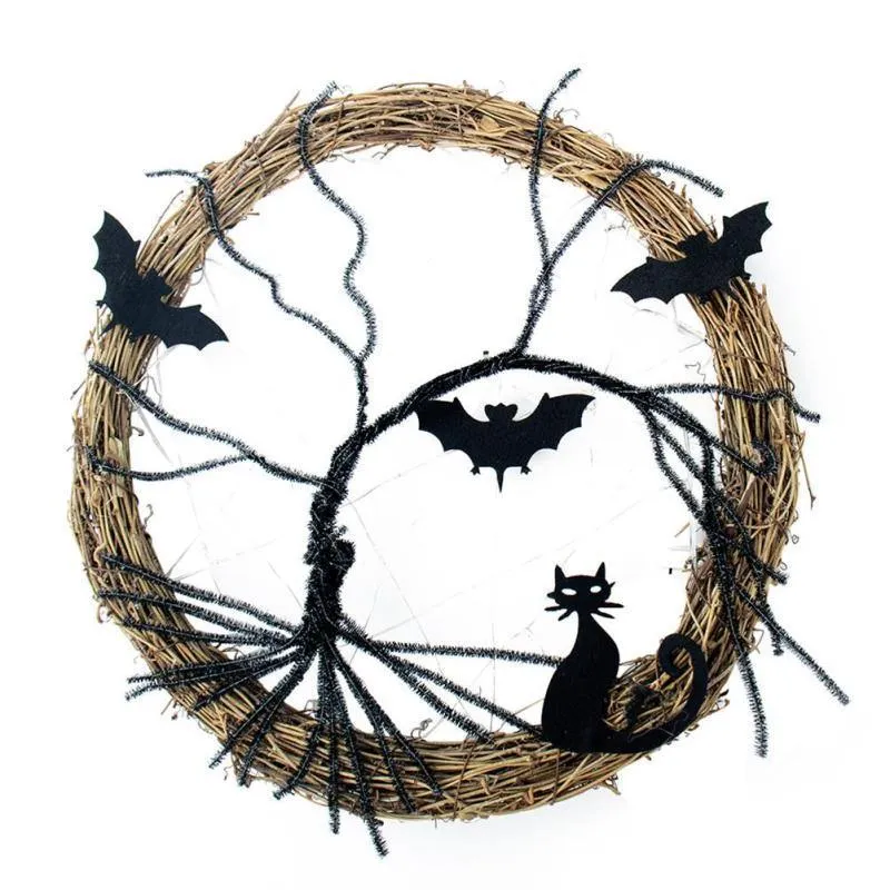Black Bat Cat Halloween Door Wreath Led Light