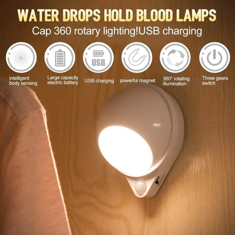 360 Rotating Water Drop Body Sensing Rechargeable Lamp