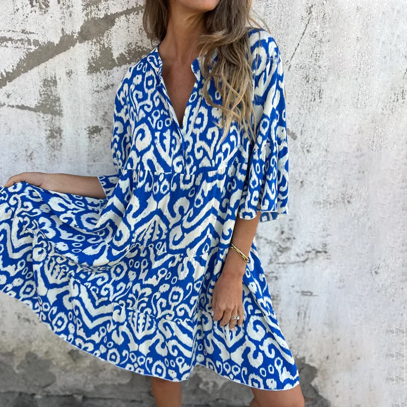 🌸Vestido estampado con escote en pico y mangas tres cuartos-ES
