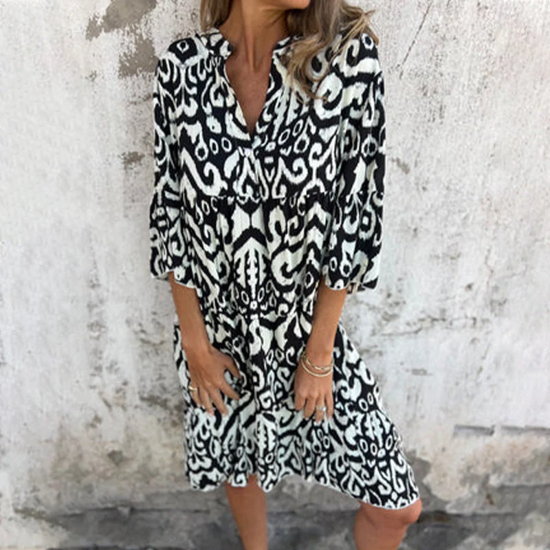 🌸Vestido estampado con escote en pico y mangas tres cuartos-ES
